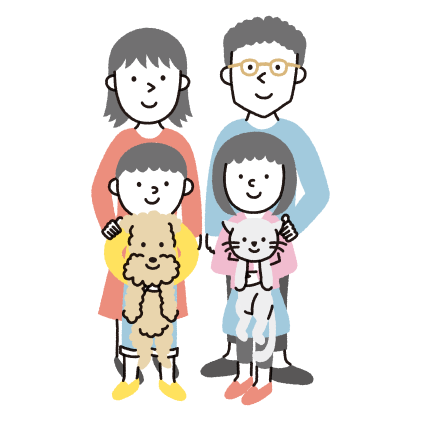 家族四人とペットの笑顔イラスト