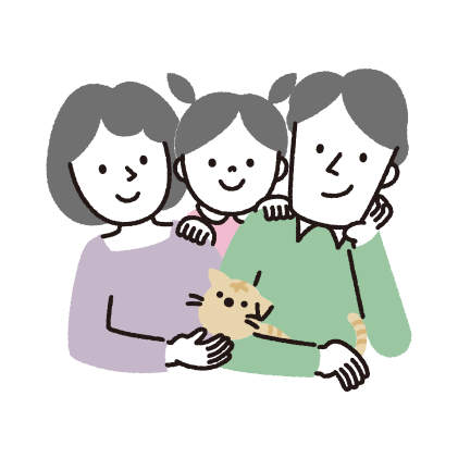 家族三人と猫の笑顔イラスト